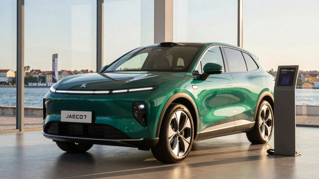 Carro elétrico compacto verde exposto em sala moderna com vidros grandes e vista para o rio.