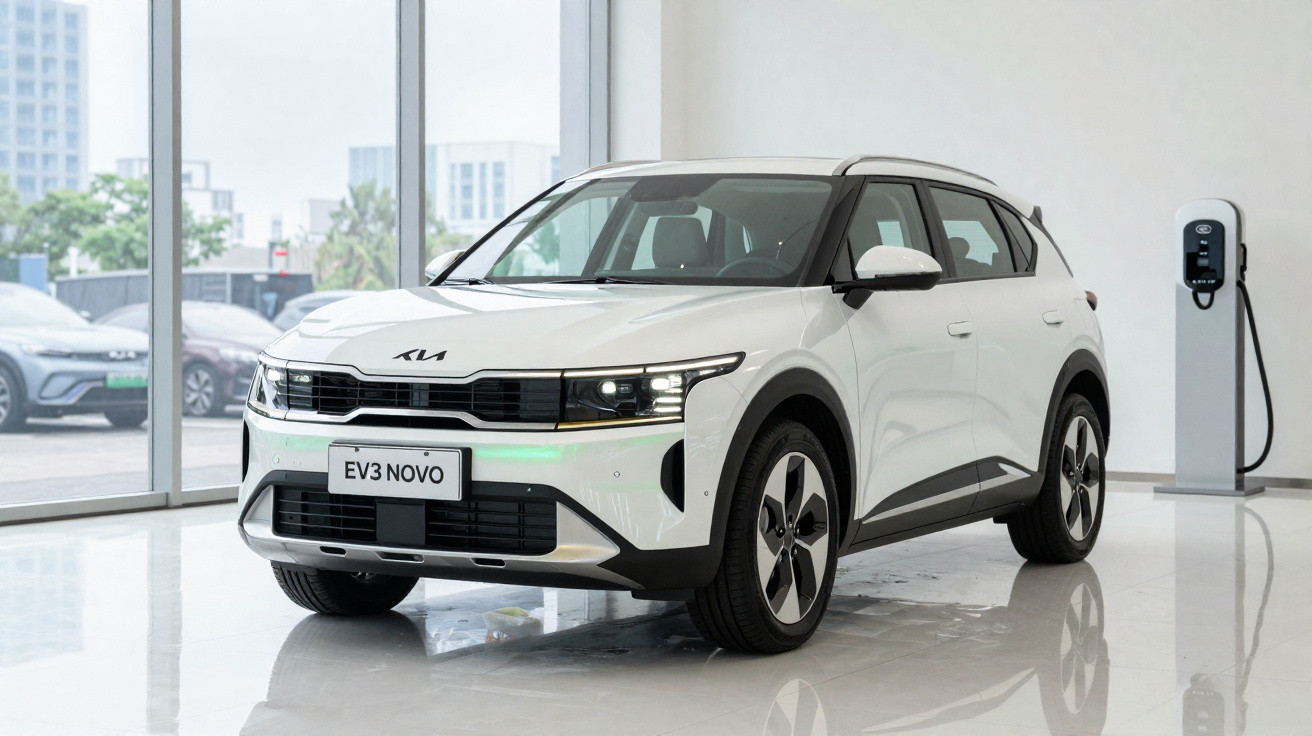 Carro elétrico branco Kia EV3 Novo estacionado em interior moderno junto a posto de carregamento.