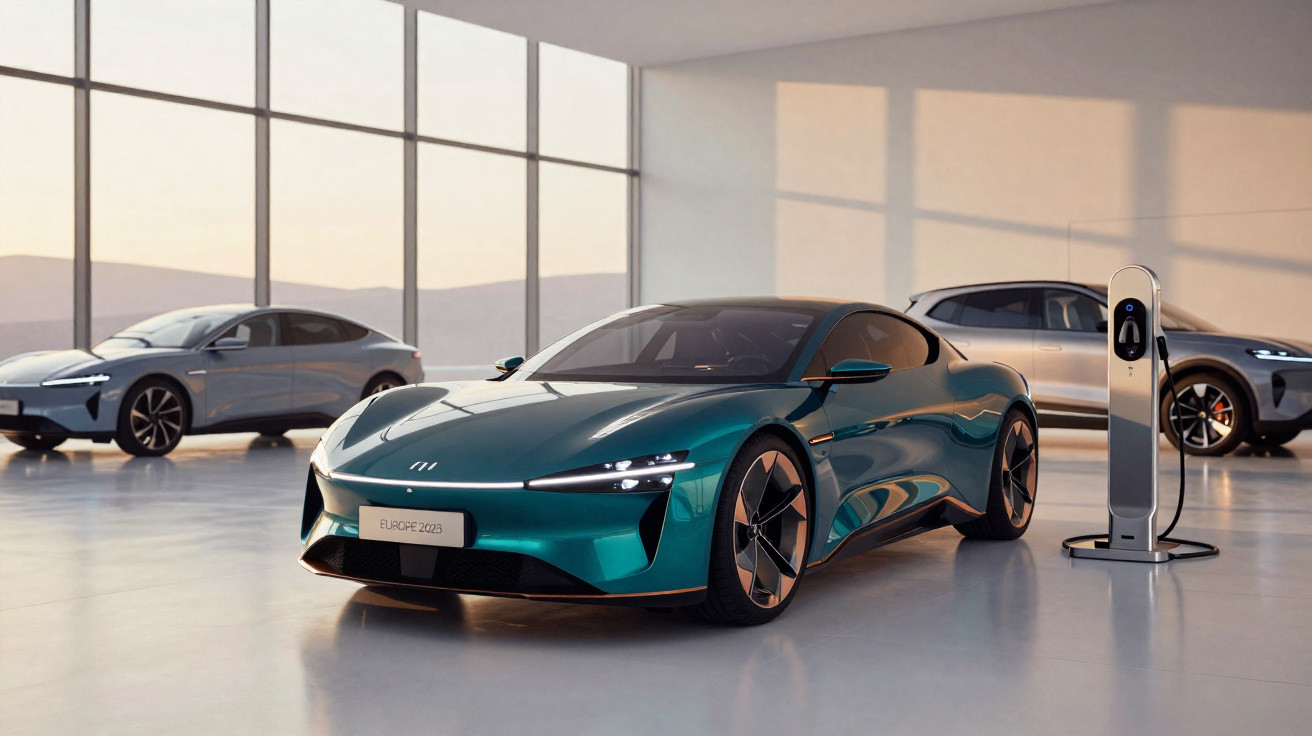 Carros elétricos modernos num showroom com grande janela e estação de carregamento visível à direita.