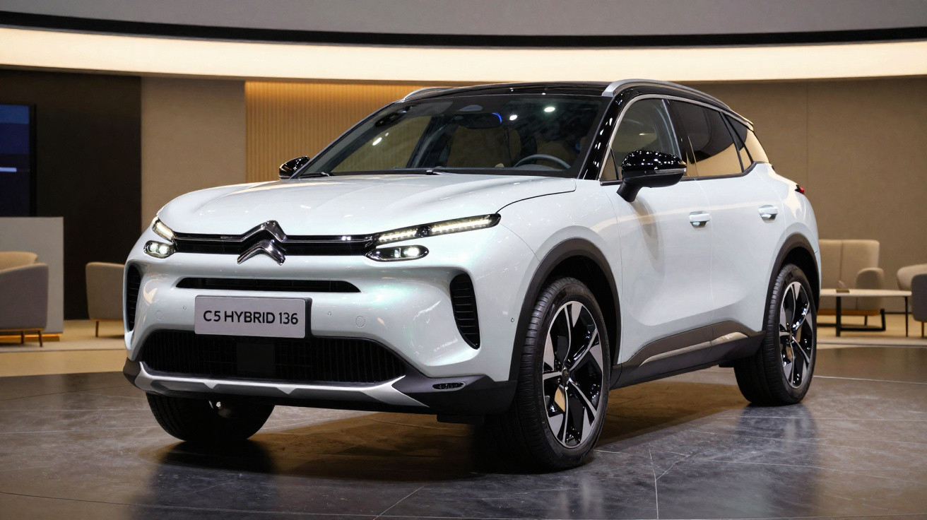Automóvel Citroën C5 Hybrid 136 branco exposto numa sala moderna com luz suave.