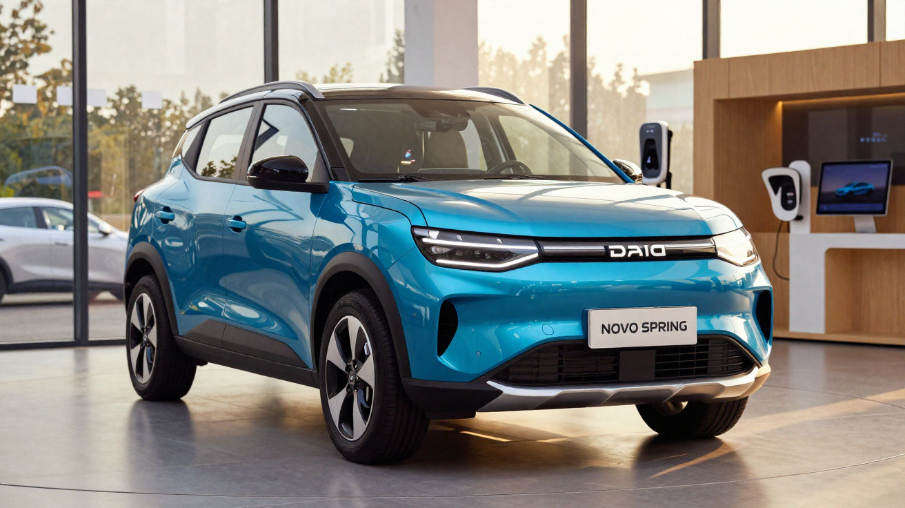 Automóvel eléctrico azul DAIQ Novo Spring estacionado numa sala com paredes de vidro.
