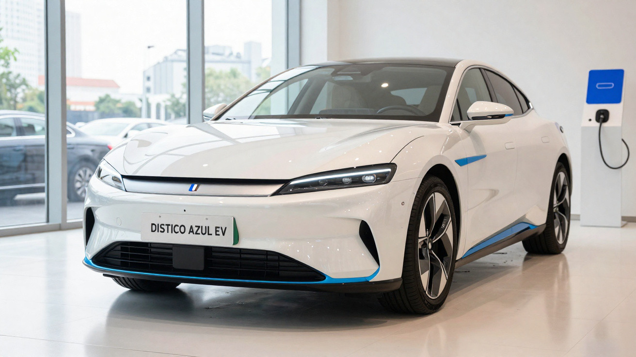 Carro elétrico branco modelo Distico Azul EV exposto em sala com carregador ao fundo.