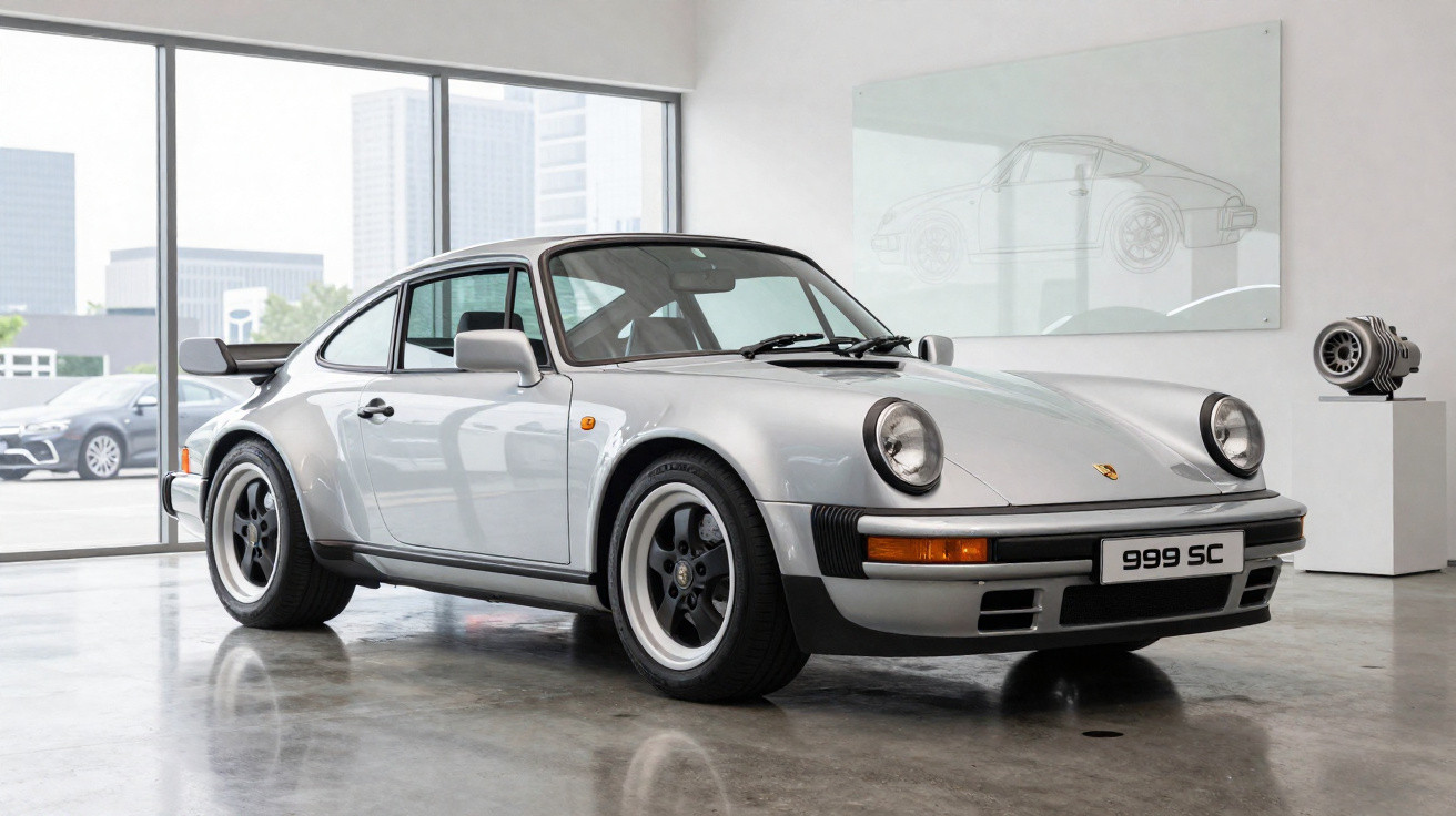 Carro desportivo Porsche 911 clássico prata, modelo 999 SC, em exposição em espaço interior moderno.