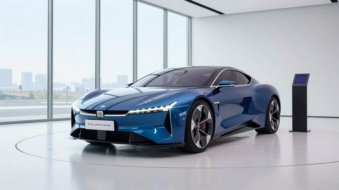 Carro elétrico desportivo azul exibido numa sala moderna com grandes janelas, em exibição num pedestal circular.
