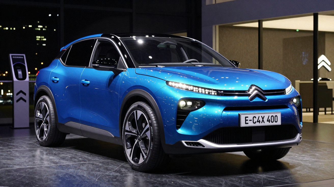 Carro elétrico Citroën E-C4X 400 azul num ambiente interior moderno com luzes acesas durante a noite.