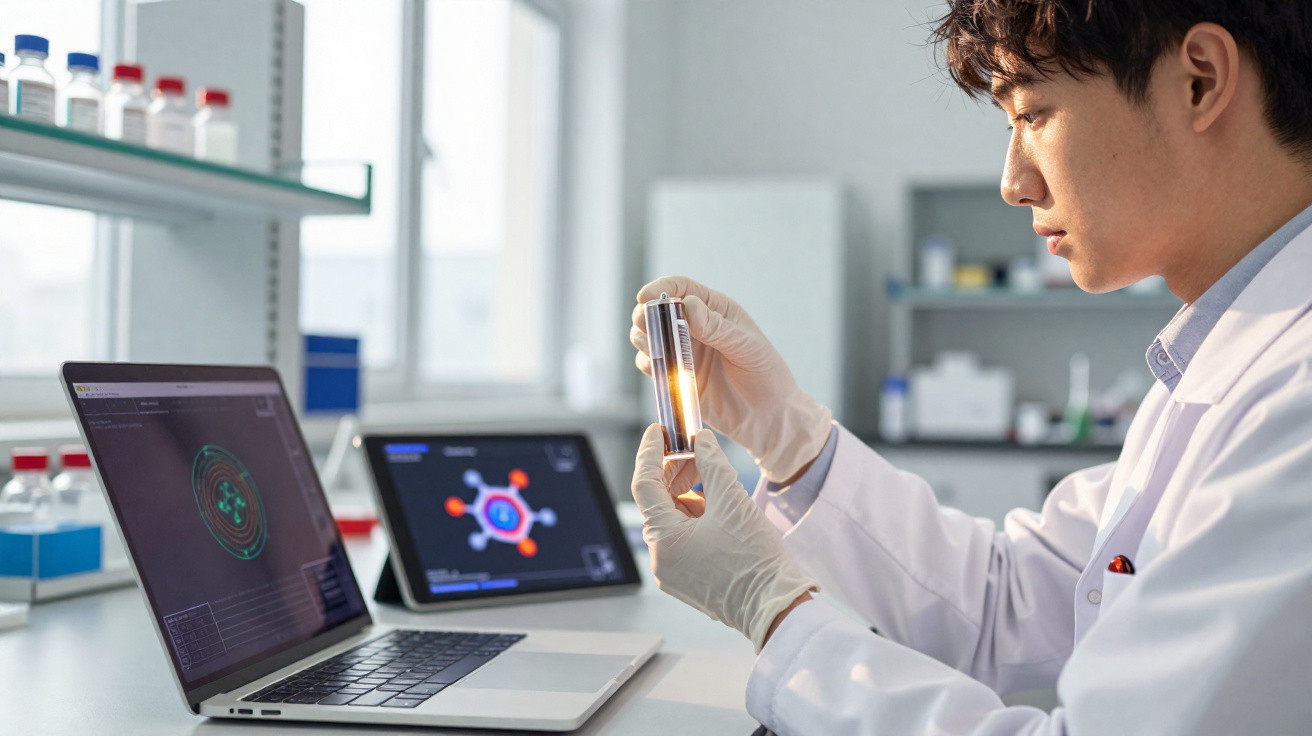Cientista com bata branca e luvas a analisar tubo de ensaio num laboratório moderno com computadores.