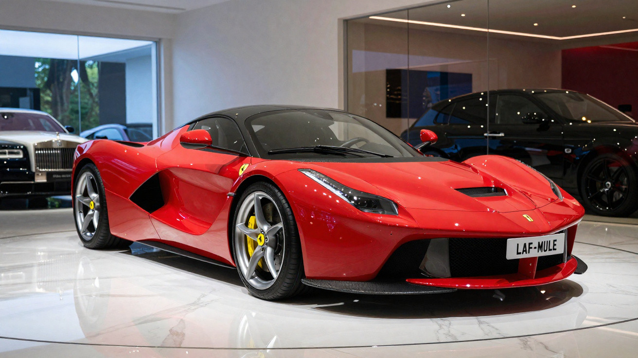 Carro desportivo Ferrari vermelho com jantes cinzentas e pinças de travão amarelas em exposição interior.