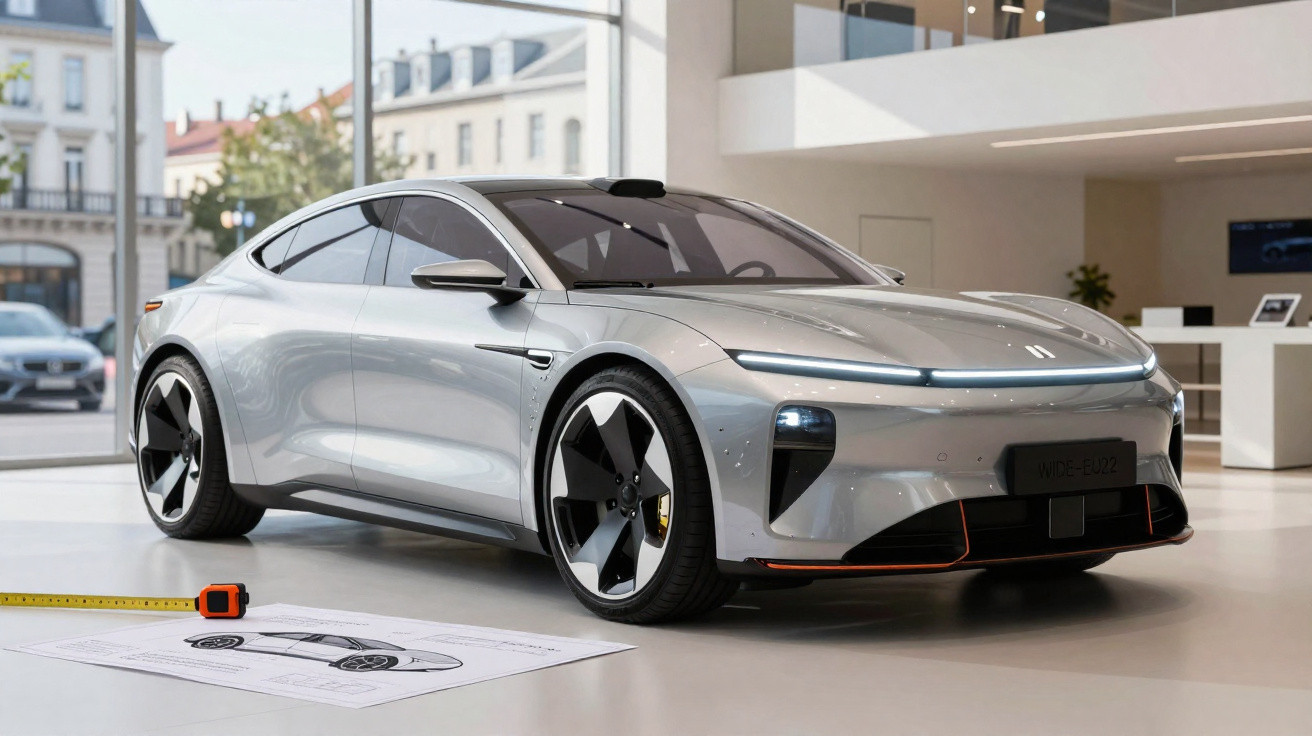 Carro elétrico prateado moderno em exposição numa sala clara com planta e projeto no chão.