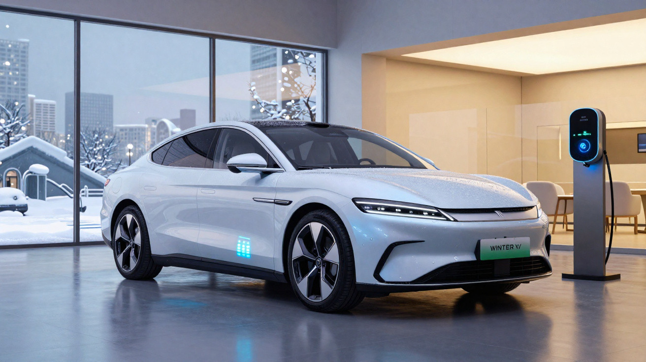 Carro elétrico branco estacionado em interior moderno com neve visível pela janela.
