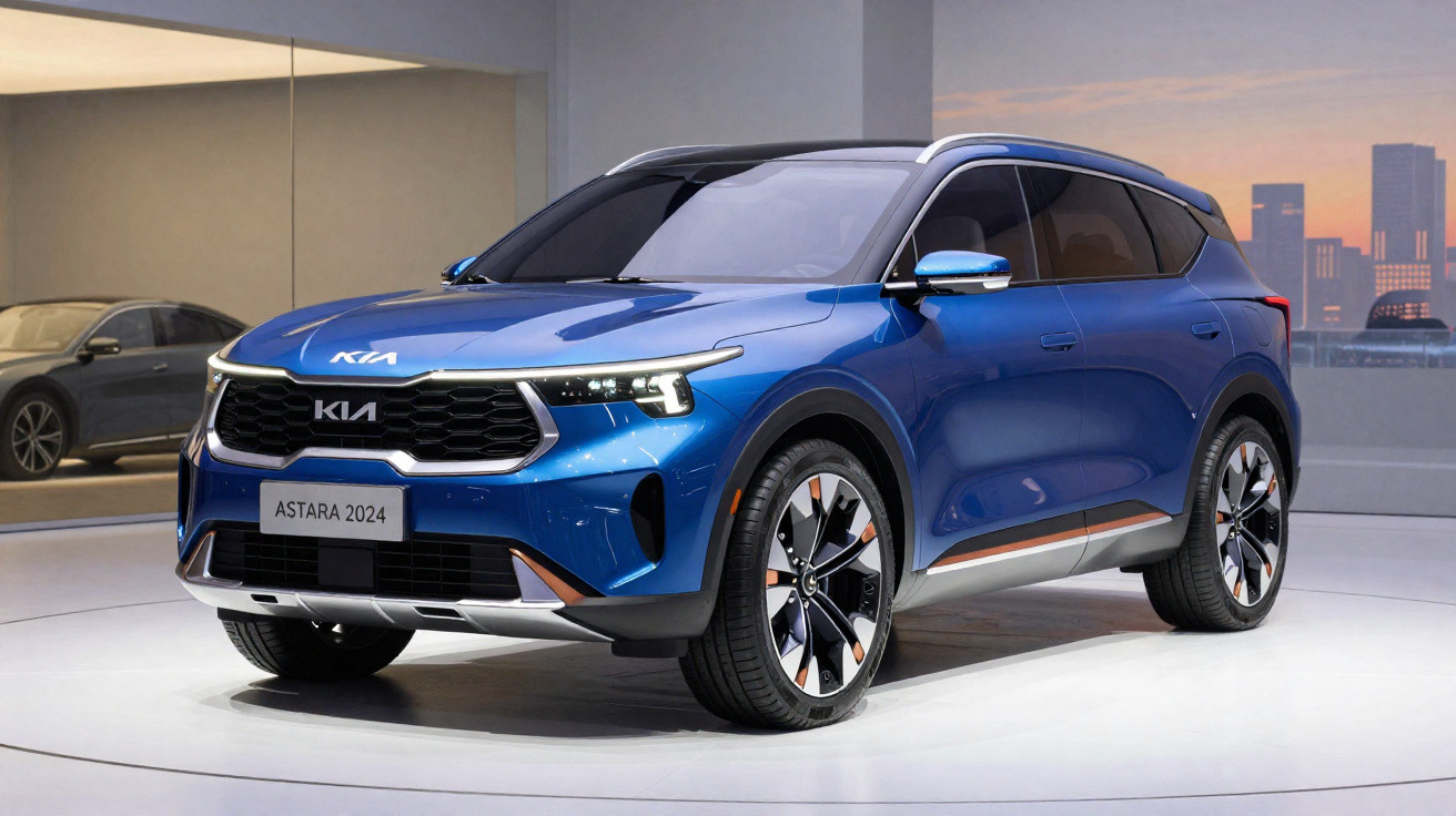 Kia Astara 2024 azul exposto num showroom com fundo urbano ao pôr do sol.
