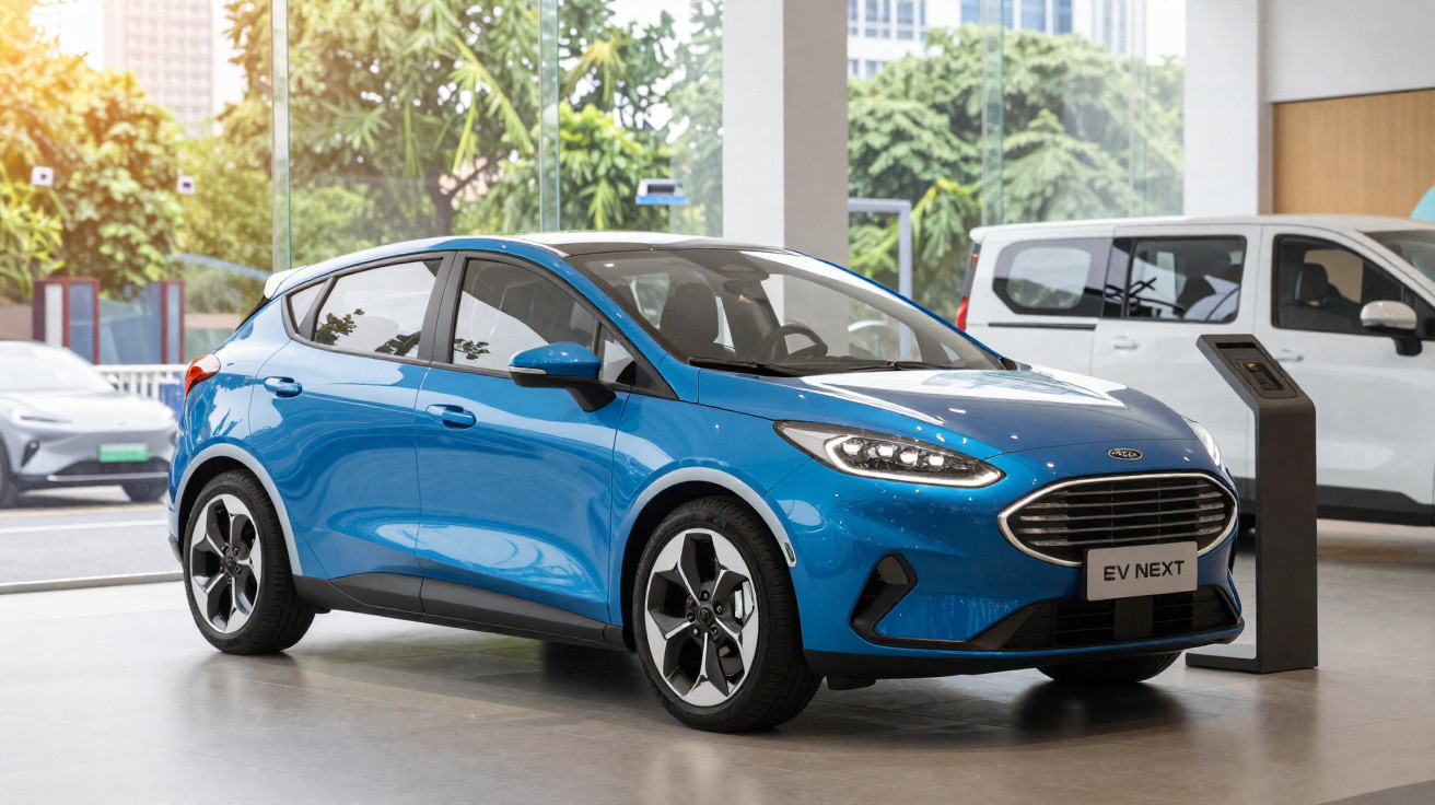 Carro elétrico azul Kia EV Next em showroom com janelas grandes e outro veículo ao fundo.