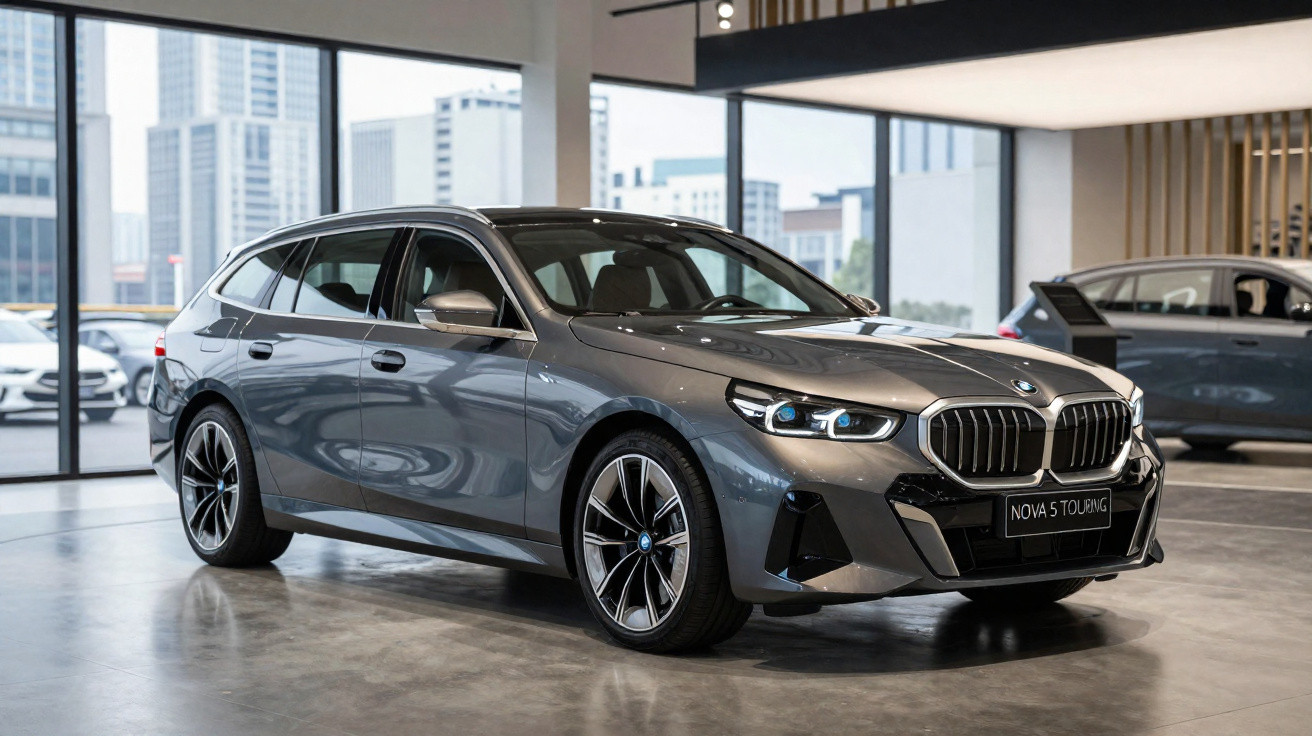 BMW Série 1 cinzento estacionado em showroom com janelas panorâmicas e carro cinzento ao fundo.