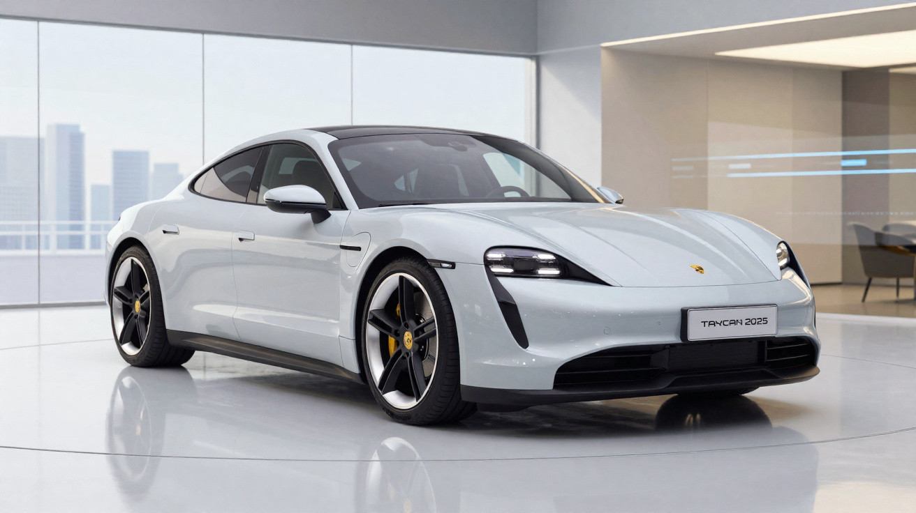 Carro elétrico Porsche Taycan 2025 branco num showroom moderno com janelas panorâmicas.