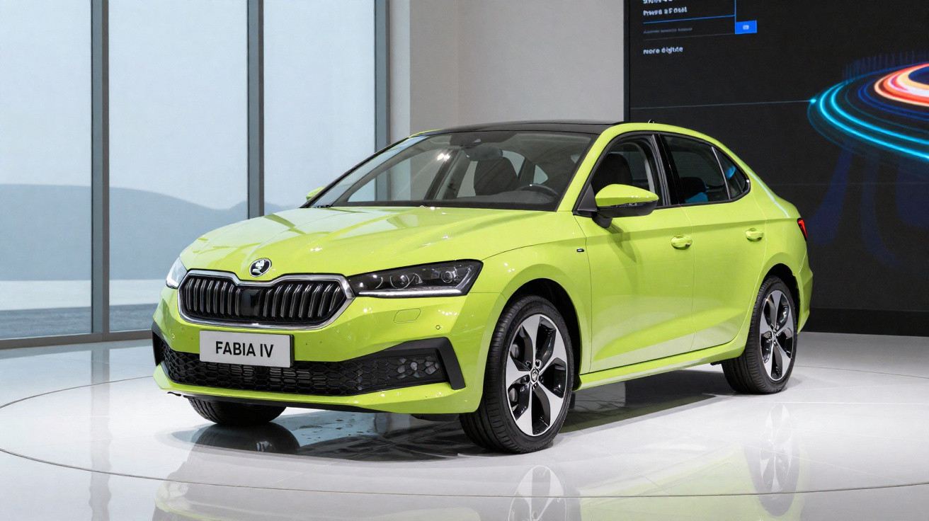 Carro Škoda Fabia IV verde lima em exposição num espaço moderno e bem iluminado.