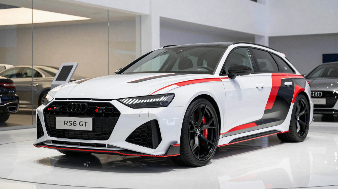 Audi RS6 GT branco com detalhes em vermelho e preto, exposto em salão automóvel moderno.