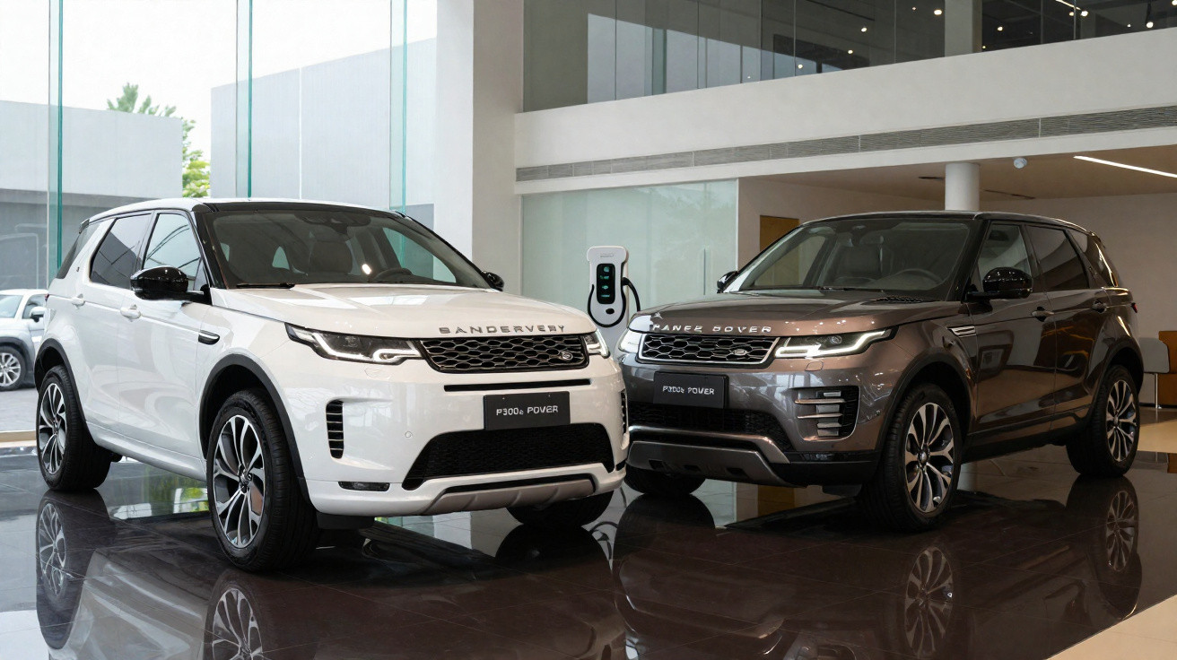 Dois SUVs Land Rover modelo P300e POVER, um branco e outro cinza, em exposição numa loja moderna com chão espelhado.