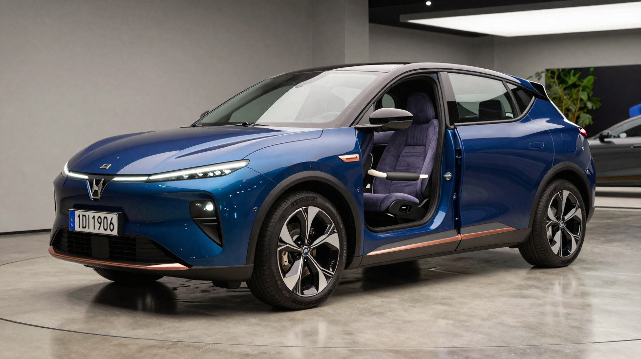 Carro elétrico azul com porta dianteira aberta exibindo interior moderno num espaço fechado.