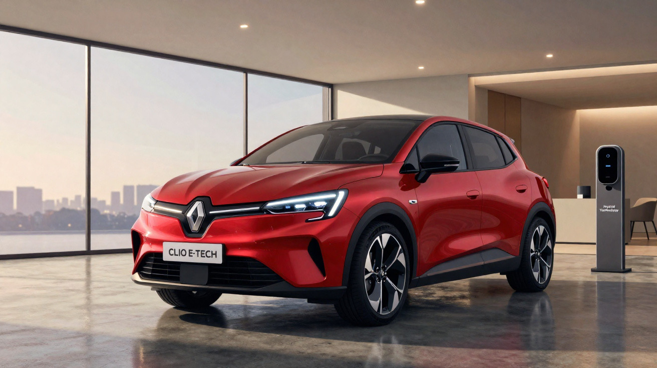 Carro elétrico Renault Clio E-Tech vermelho estacionado em garagem moderna com parede de vidro e estação de carregamento.