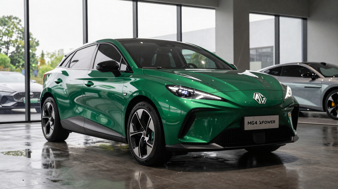Carro elétrico verde MG4 XPOWER estacionado em showroom com grandes janelas e outro carro cinza ao fundo.