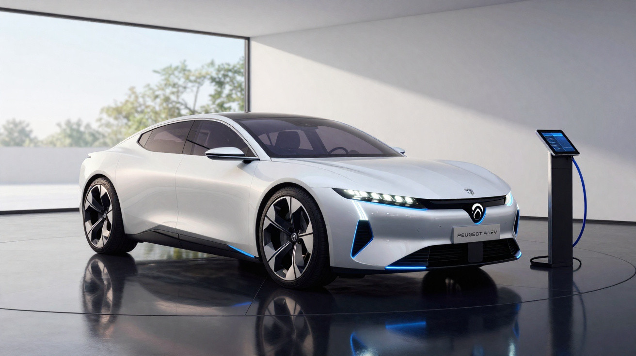 Carro elétrico desportivo branco Peugeot AI:EV estacionado em estação de carregamento interior moderna.