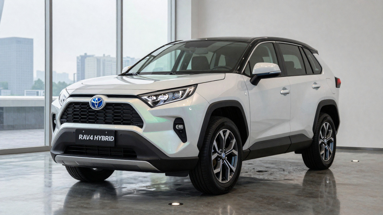 Toyota RAV4 Hybrid branco estacionado em piso de interior com janelas grandes e vista urbana ao fundo.