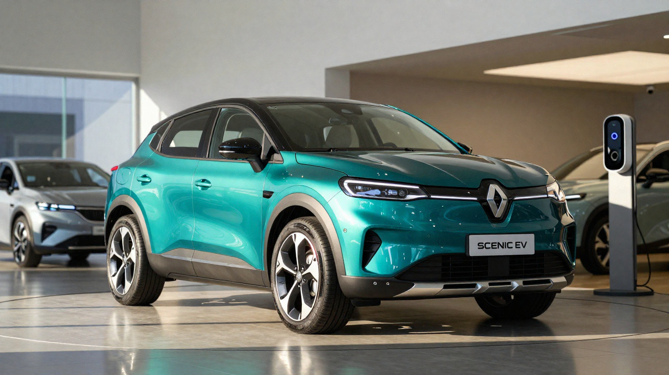 Carro elétrico Renault Scenic EV verde num showroom com posto de carregamento ao lado.