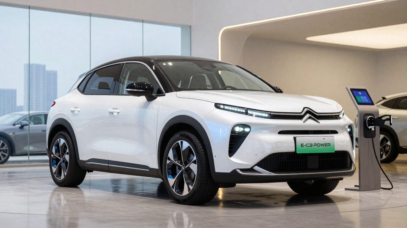 Automóvel Citroën elétrico branco a ser carregado numa estação dentro de um showroom moderno.