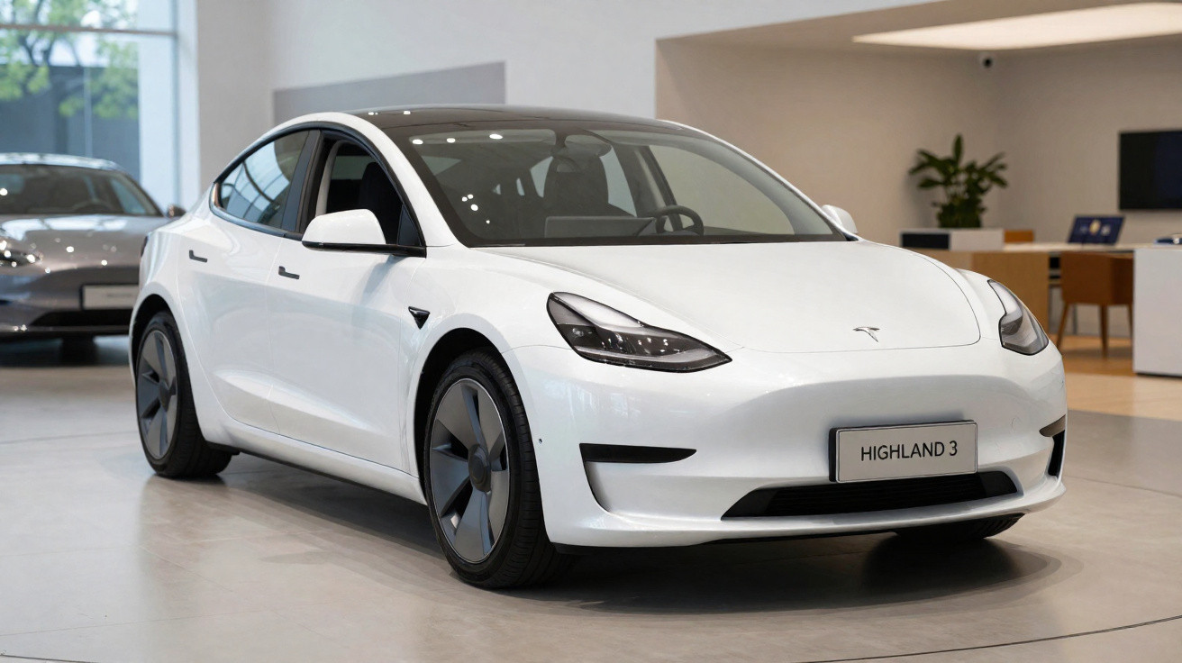 Carro elétrico branco modelo Highland 3 estacionado em interior de concessionária moderna.