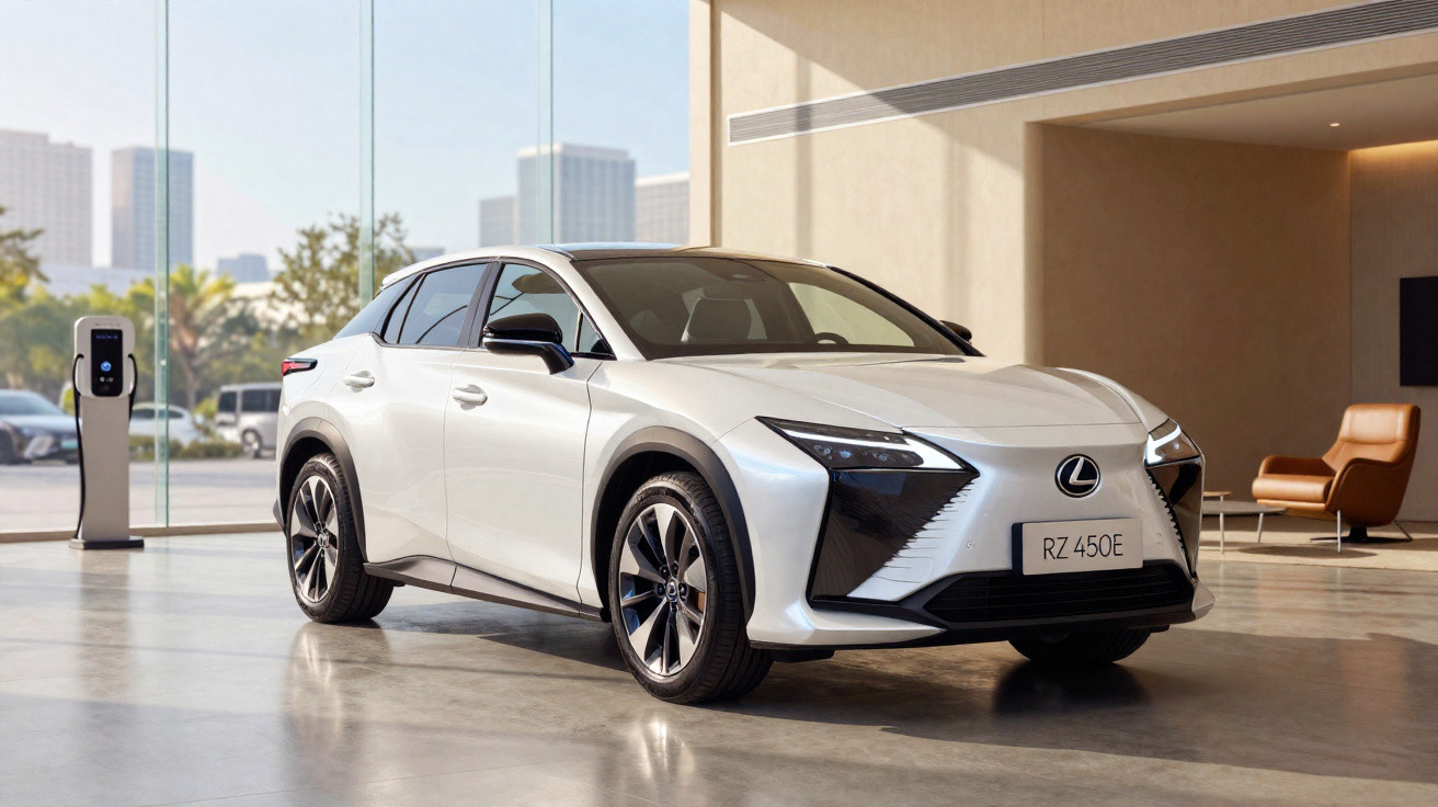Carro elétrico Lexus RZ 450E branco estacionado em interior moderno com carregador elétrico ao fundo.