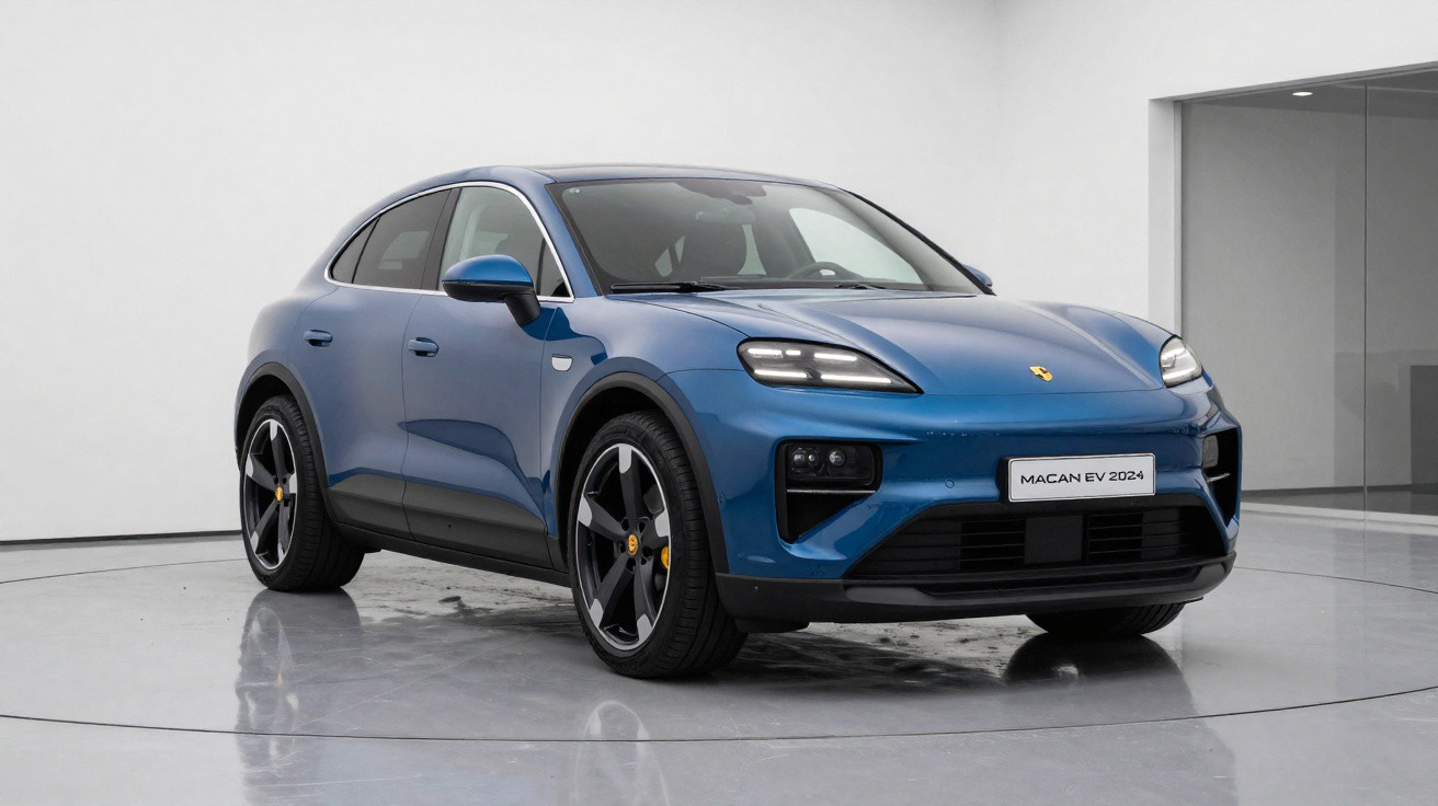 SUV elétrico Porsche Macan EV 2024 azul, apresentado em ambiente moderno e minimalista.