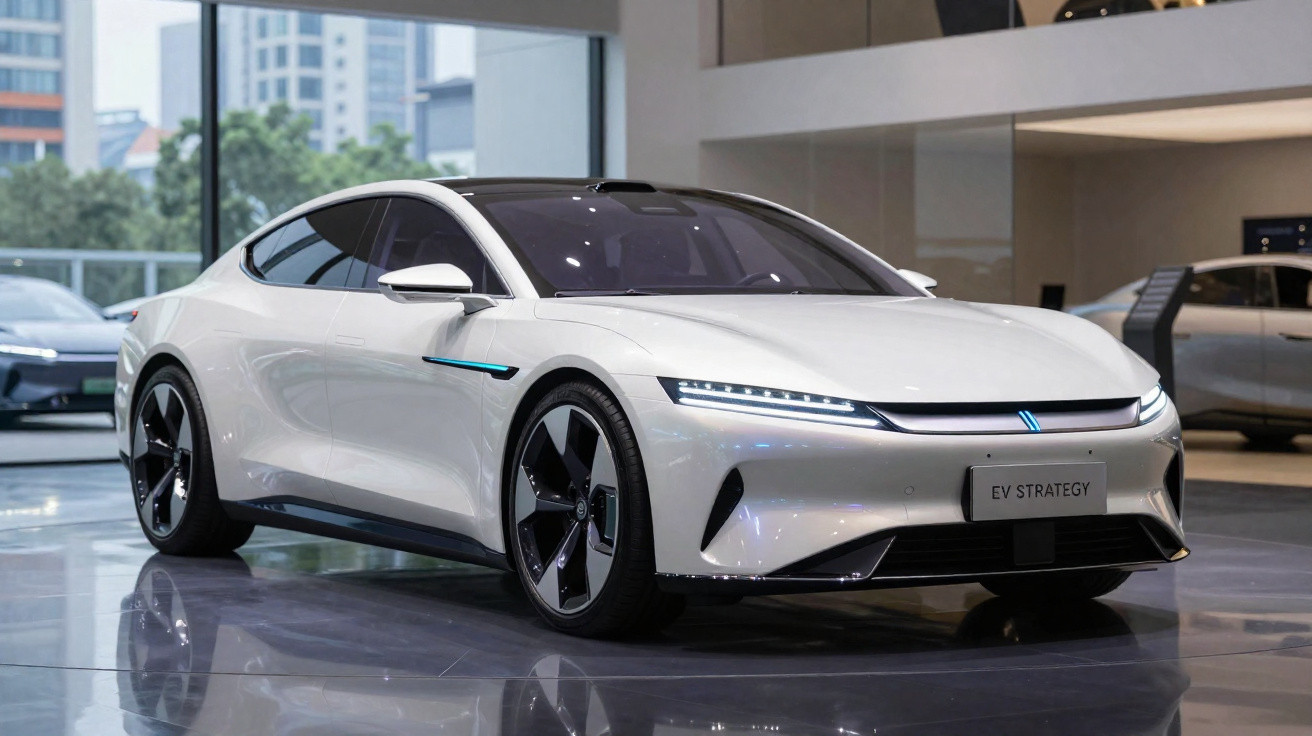 Carro elétrico branco com design futurista em exposição numa sala moderna e iluminada.