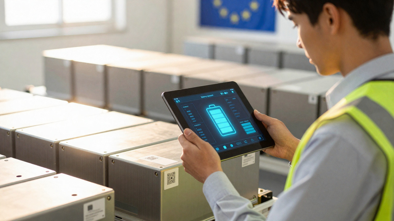 Homem com colete refletor a verificar o estado de baterias utilizando um tablet numa instalação industrial.