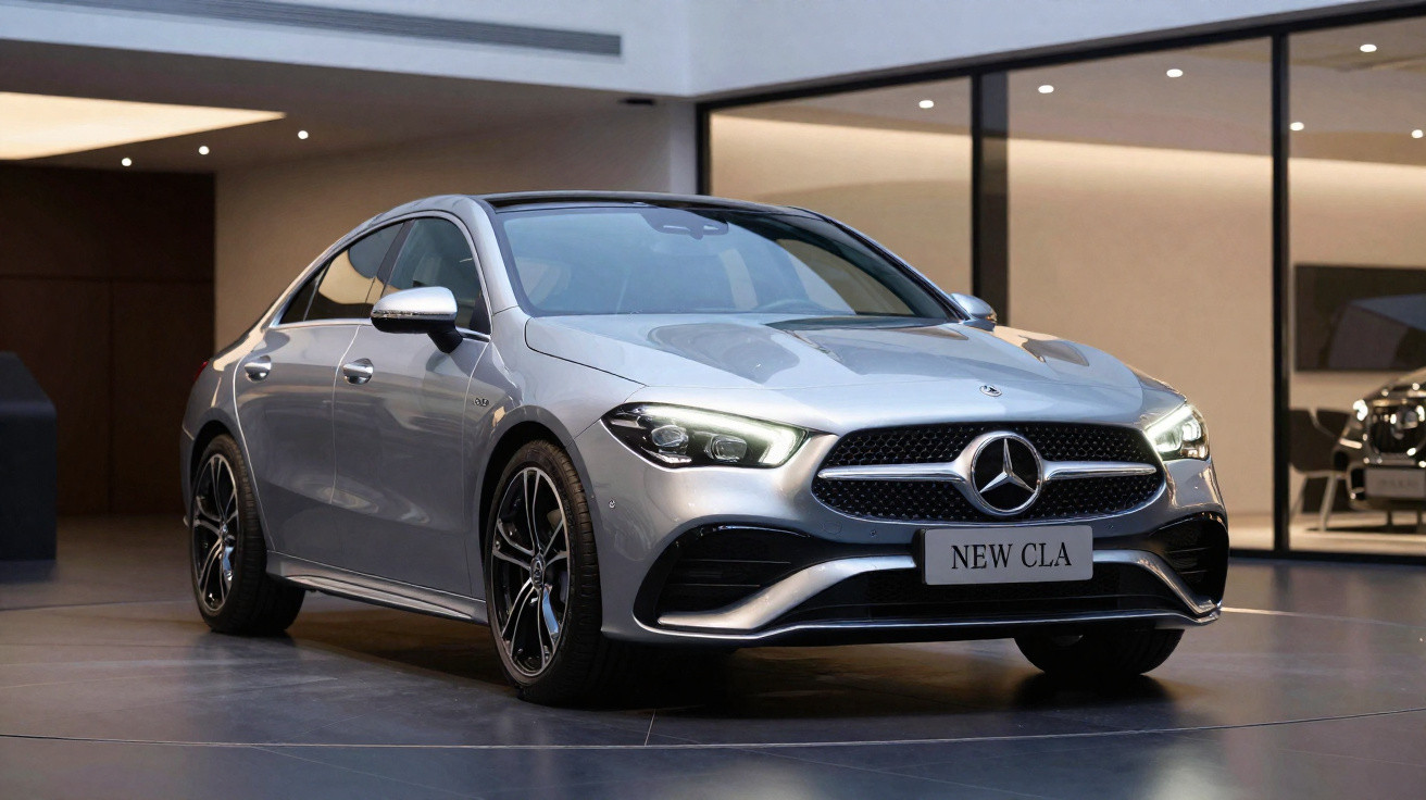 Carro Mercedes-Benz New CLA cinzento estacionado em showroom moderno com iluminação ambiente.
