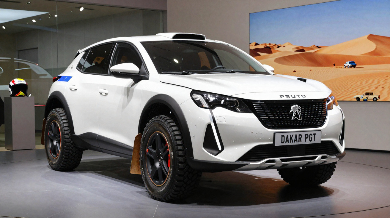 Carro branco todo-o-terreno com pneus grossos e placa "DAKAR PGT" em exibição numa sala moderna.