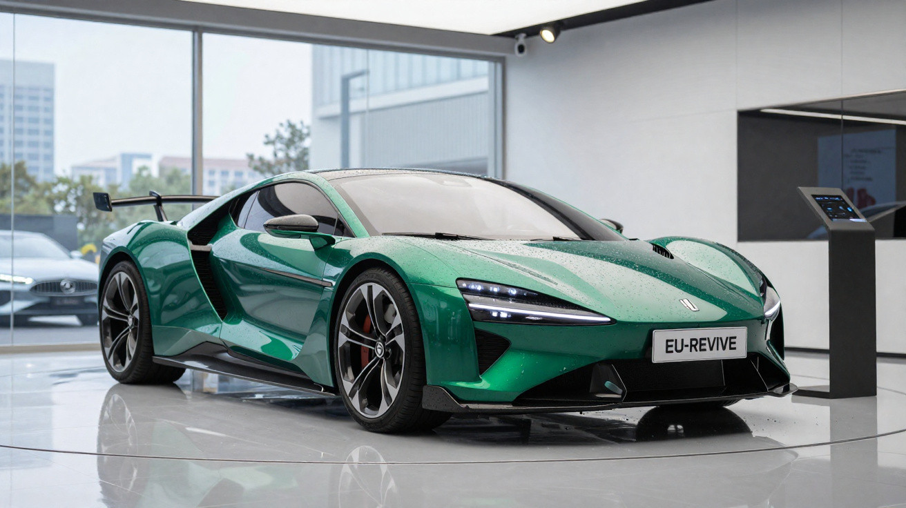 Carro desportivo elétrico verde exposto em showroom moderno com janelas amplas.