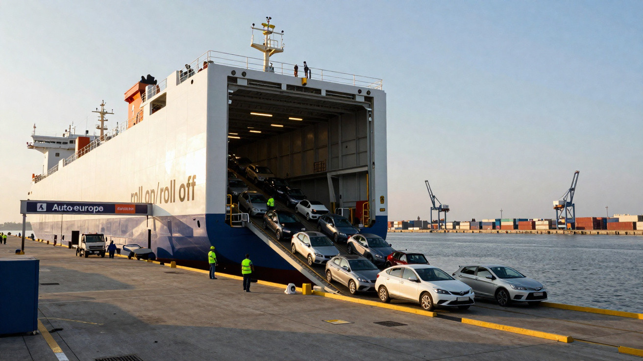 Ferry descarga automóveis por rampa em cais de porto com contentores e guindastes ao fundo ao pôr do sol.