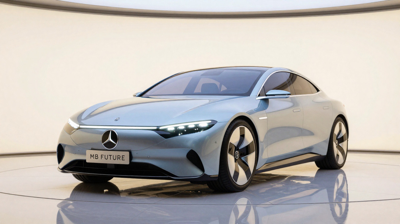 Carro elétrico Mercedes Benz futurista prateado em ambiente minimalista com luz suave.