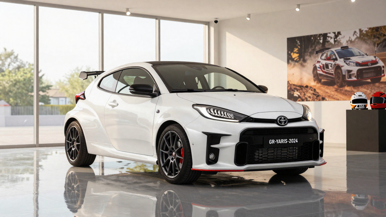 Carro desportivo Toyota GR Yaris 2024 branco em exposição numa sala moderna com janelas amplas.