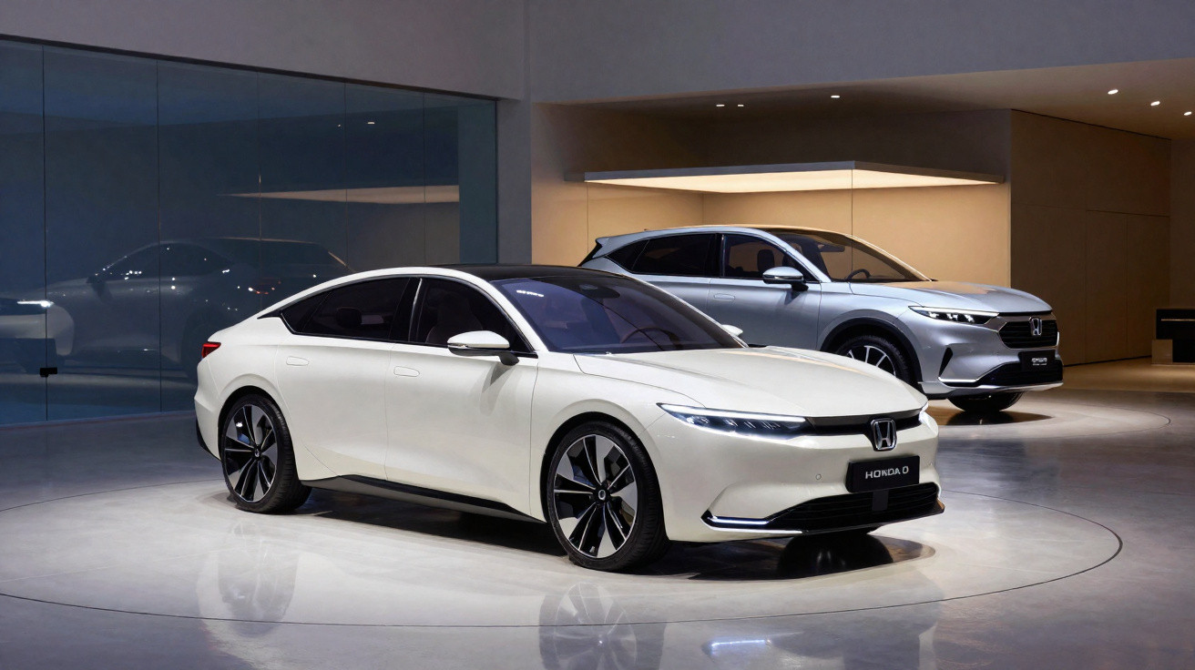 Dois carros Honda modernos em exposição dentro de um espaço interior minimalista.