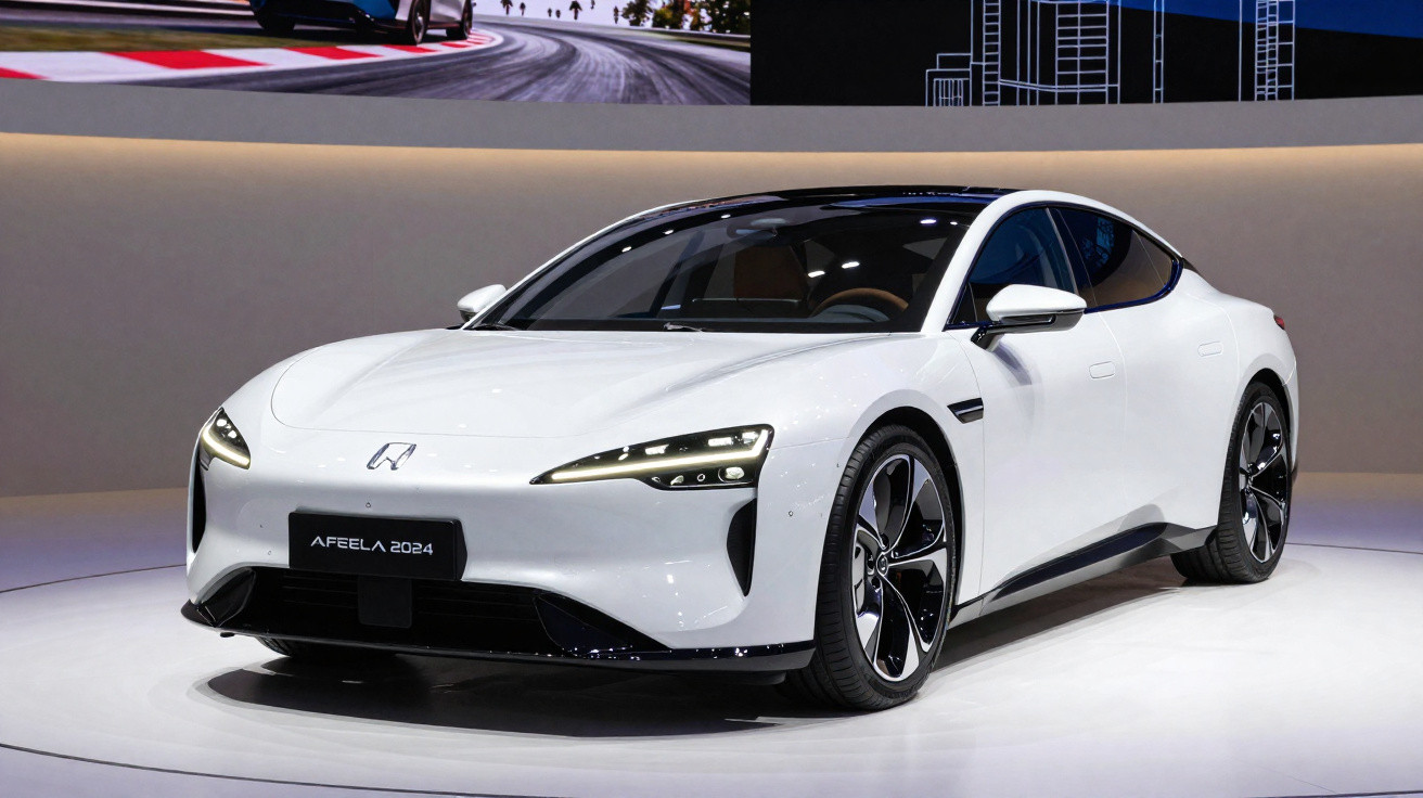 Automóvel elétrico branco Afeela 2024 exibido em exposição automóvel, com design moderno e aerodinâmico.
