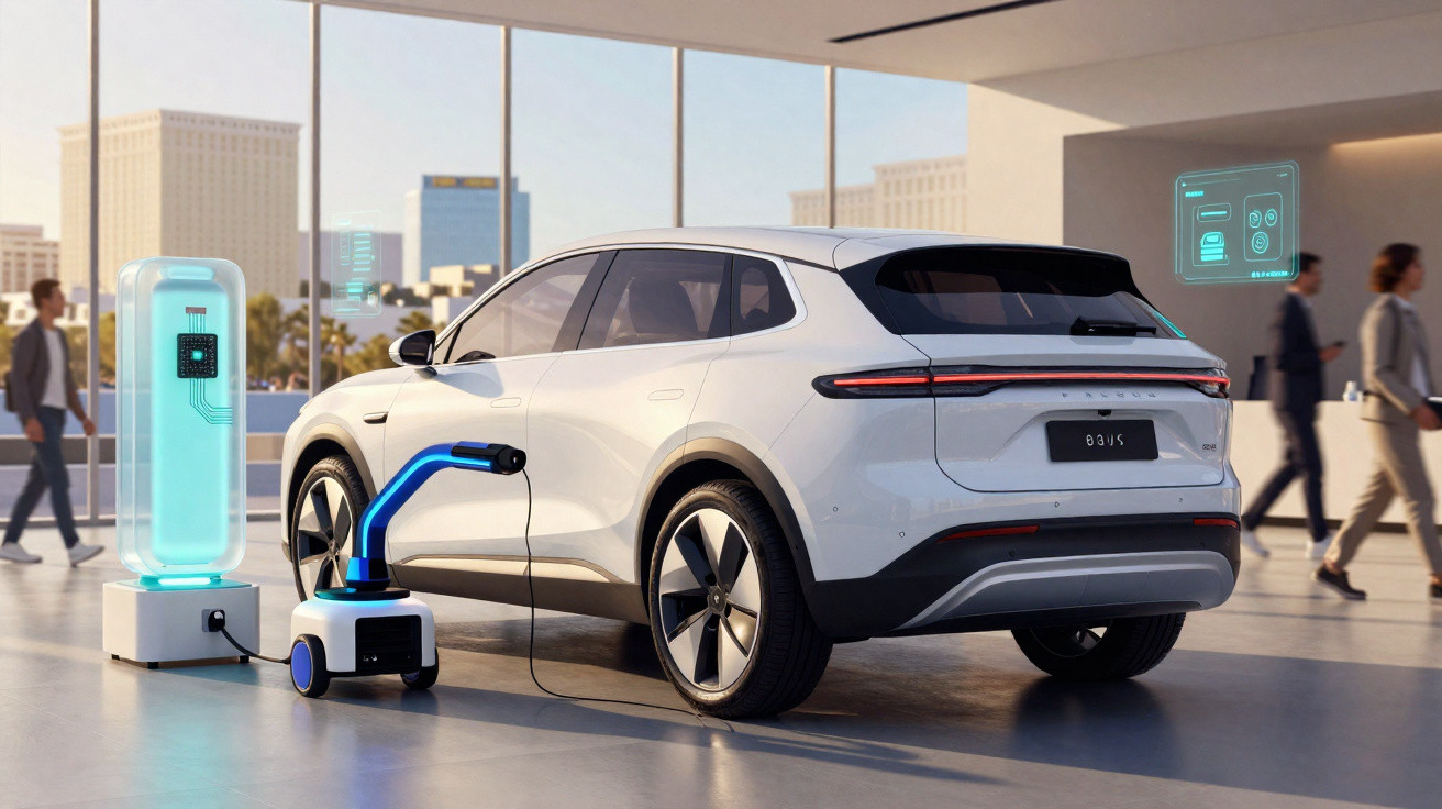 Carro elétrico branco a ser carregado por robô numa estação de carregamento moderna em espaço urbano com pessoas.