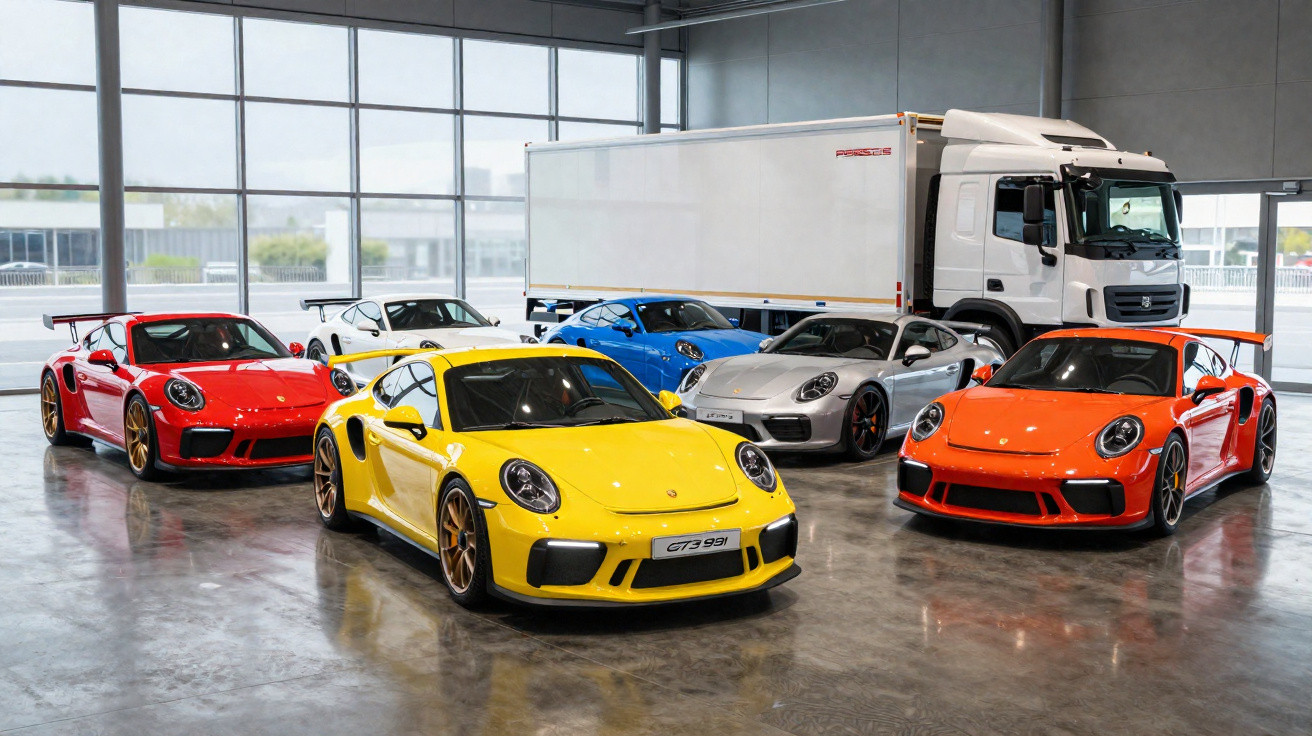Vários carros desportivos Porsche coloridos com um camião branco estacionados numa garagem ampla e moderna.