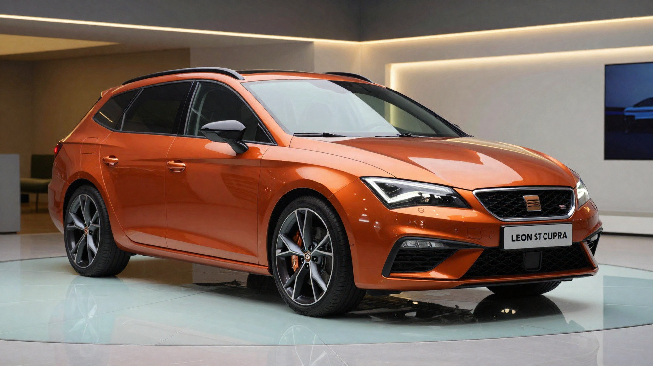 Carro Seat Leon ST Cupra laranja, em exposição num espaço interior moderno e iluminado.