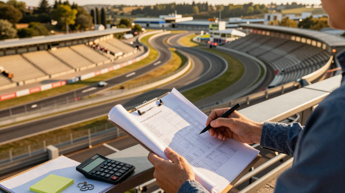 Pessoa a escrever num bloco de notas com pista de corridas e carros ao fundo durante o pôr do sol.