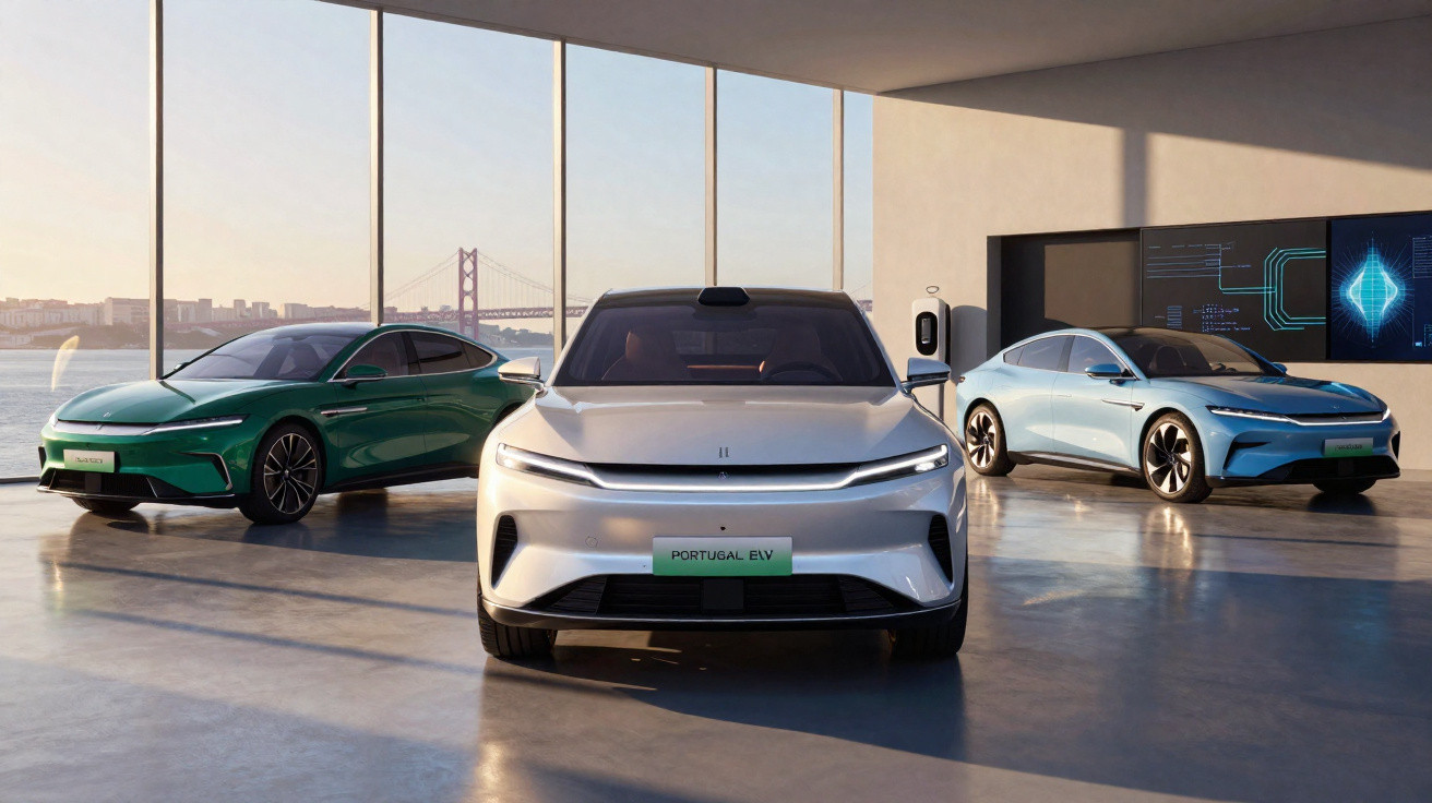 Três carros elétricos modernos em garagem luminosa com vista para ponte suspensa ao pôr do sol.