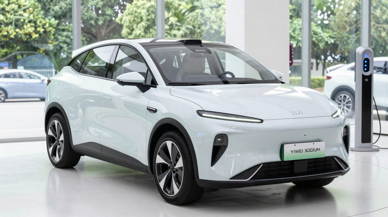 Carro elétrico branco estacionado numa sala com janelas amplas e posto de carregamento ao fundo.