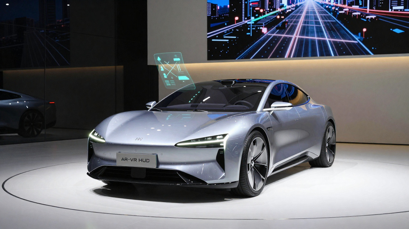 Carro desportivo elétrico prata com tecnologia AR-VR HUD, apresentado numa exposição futurista em ambiente interior.