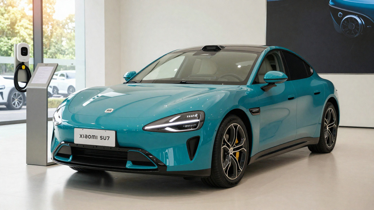 Carro elétrico azul Xiaomi SU7 exposto em sala moderna com carregador ao lado.