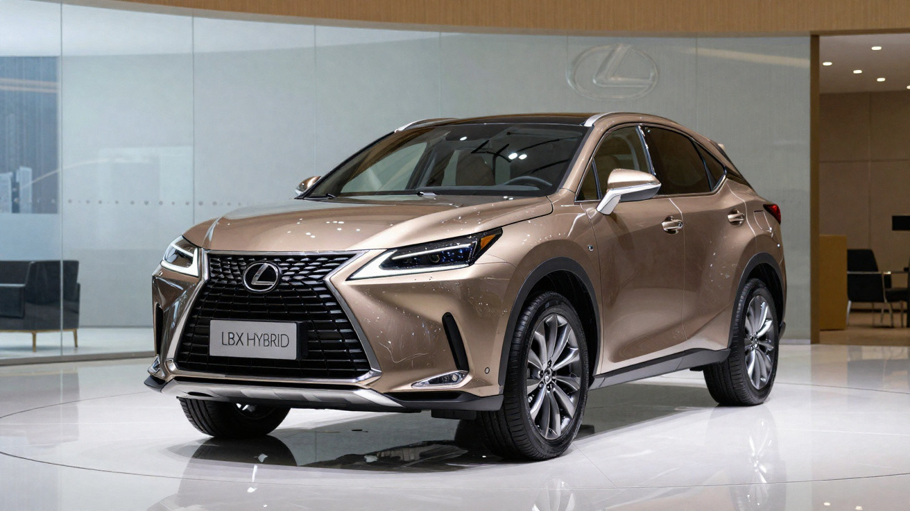 Carro Lexus LBX Hybrid dourado exposto num showroom moderno com chão branco brilhante.