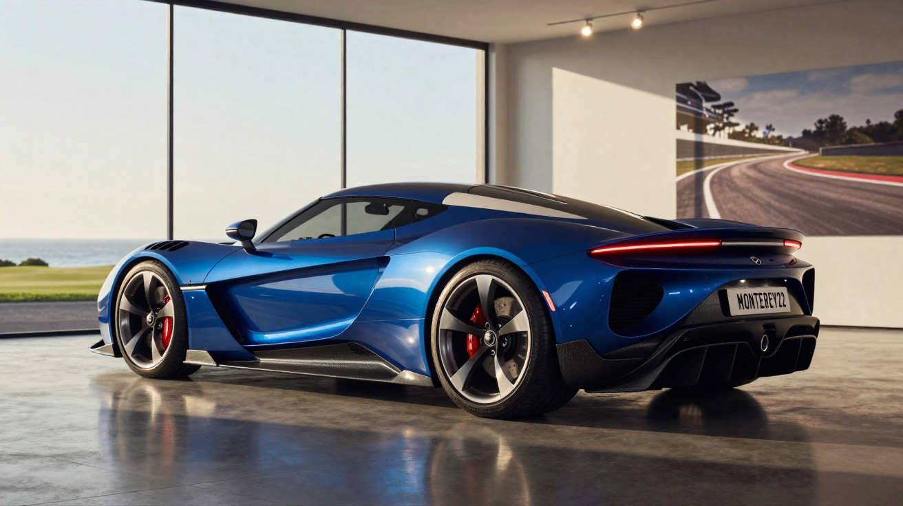 Carro desportivo azul estacionado em garagem moderna com janelas grandes e vista para o mar.